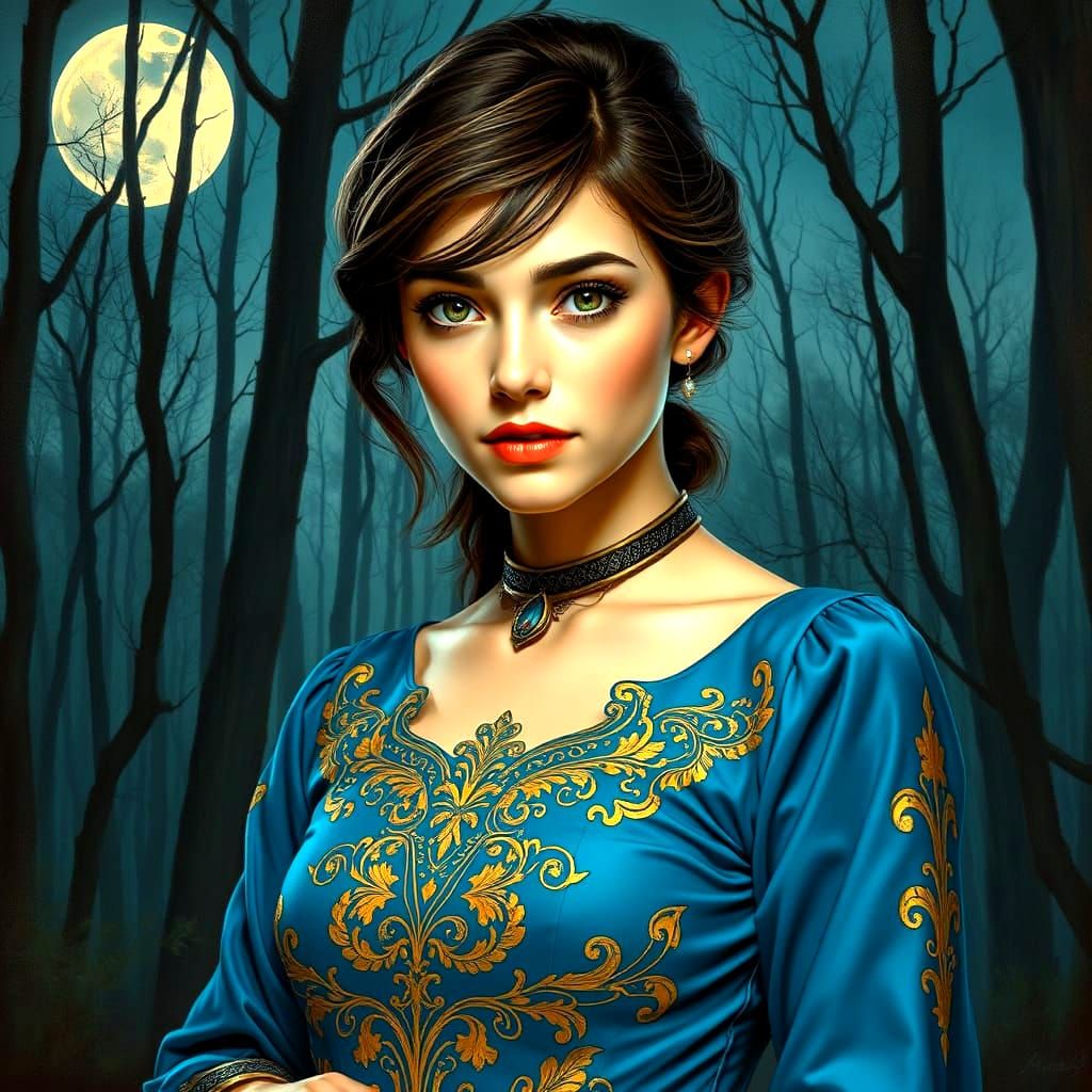 Brunette in Blue and Gold Dress, Pulp Magazine Style