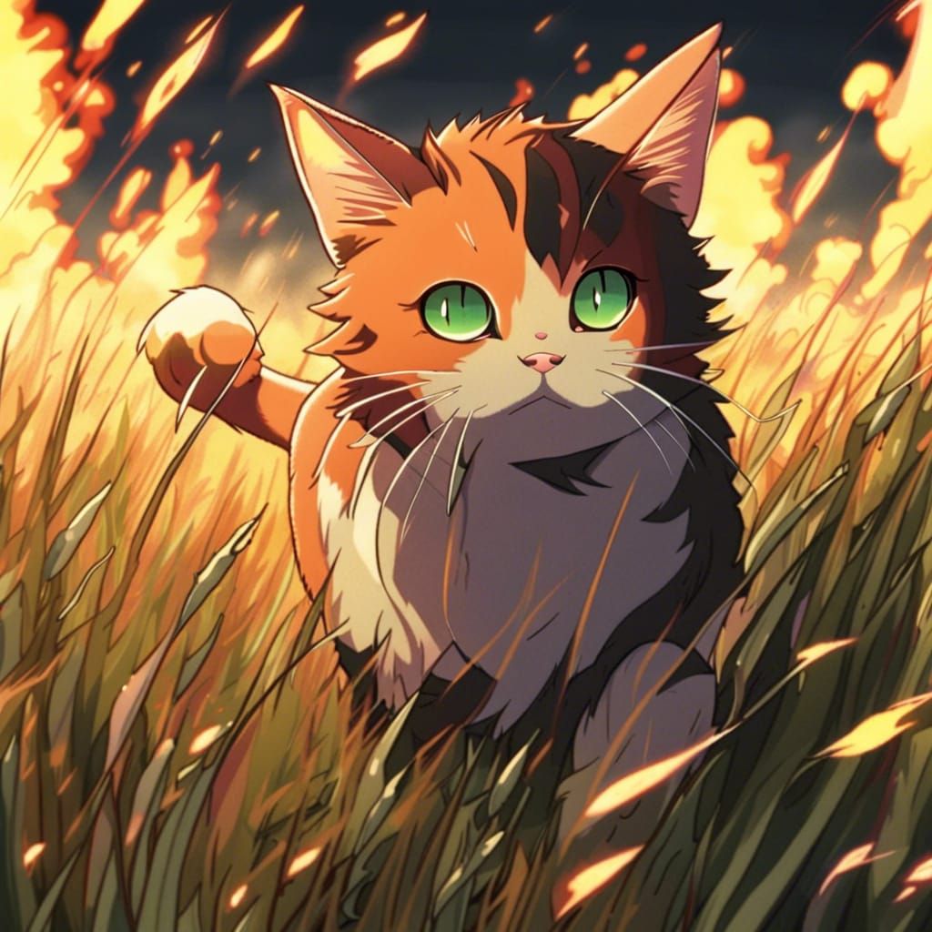 Anime Cat Walks Through Burning Field