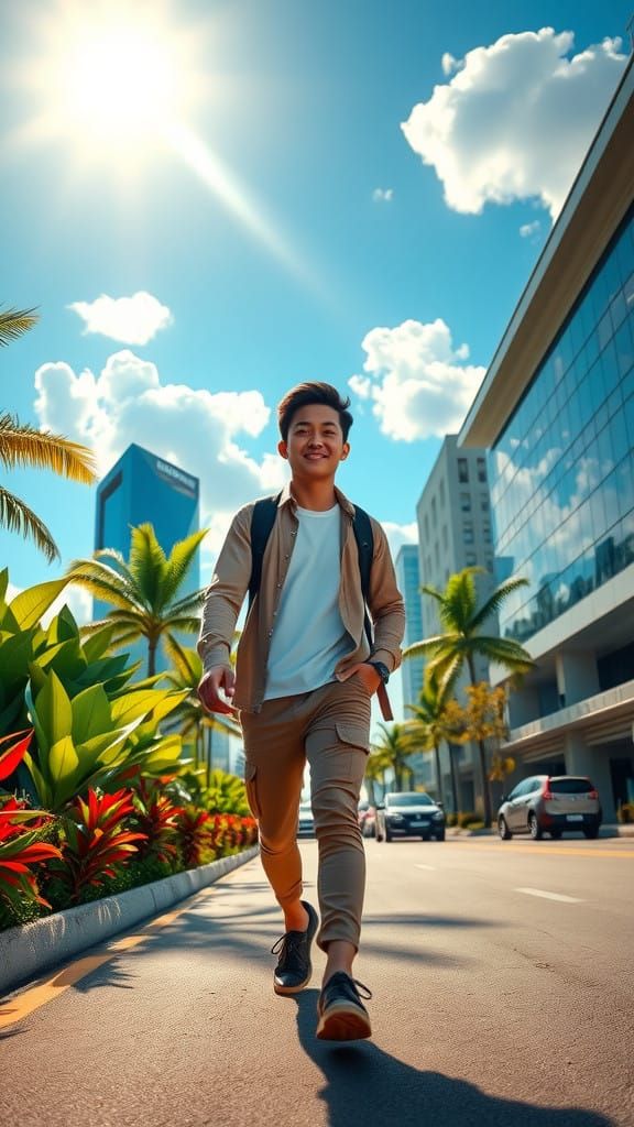 Confident Indonesian Figure Strolls Down Sunlit Street