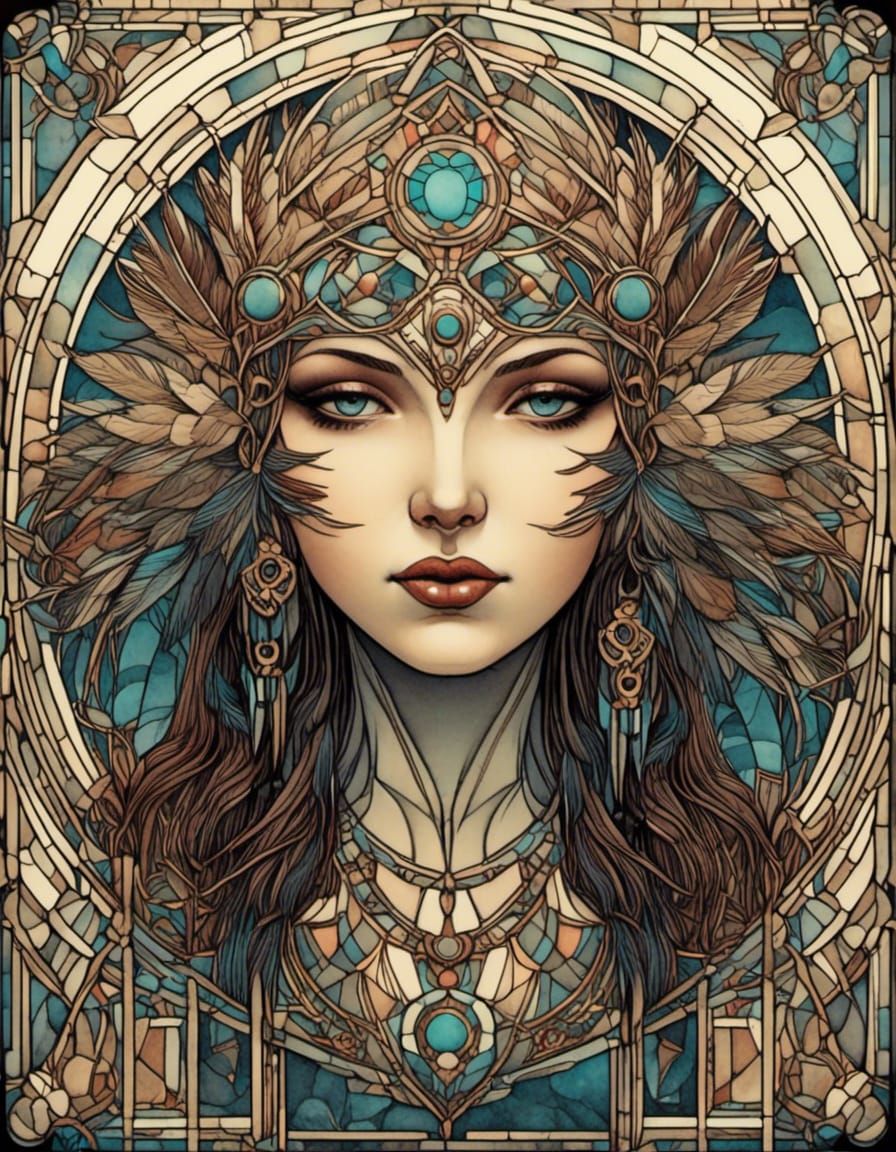 Art Deco Girl with Dreamcatcher in Double Exposure