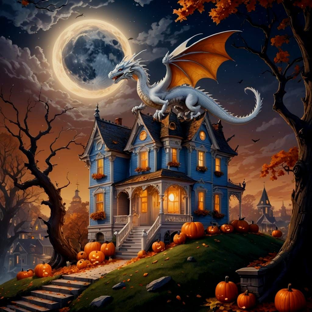 Dragon on Victorian House Under Autumn Moon