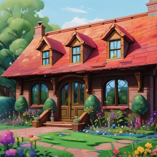 Cartoon Cottage in Garden: Gouache and Watercolor Style