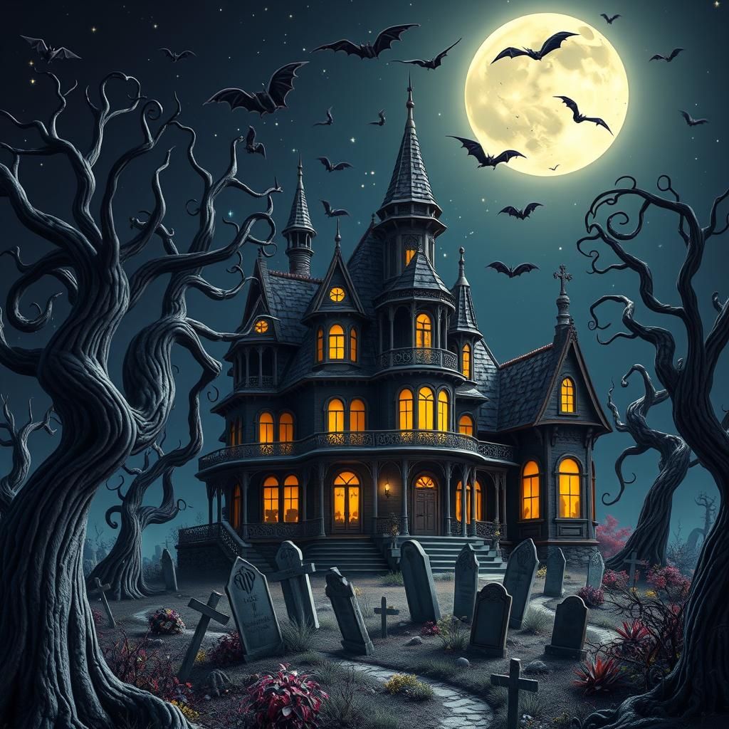 Whimsical Haunted Mansion in Burtonesque 3D Cartoon Style