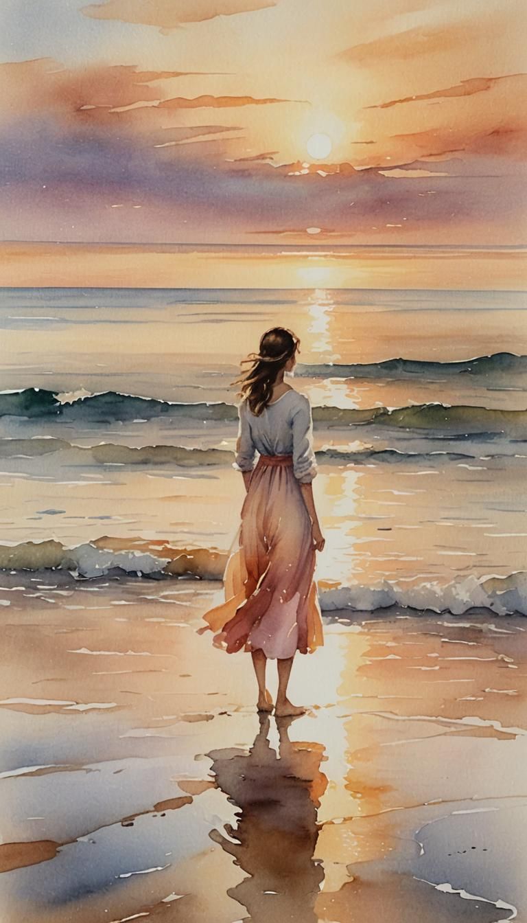 Woman on Beach at Sunset in Watercolor Style