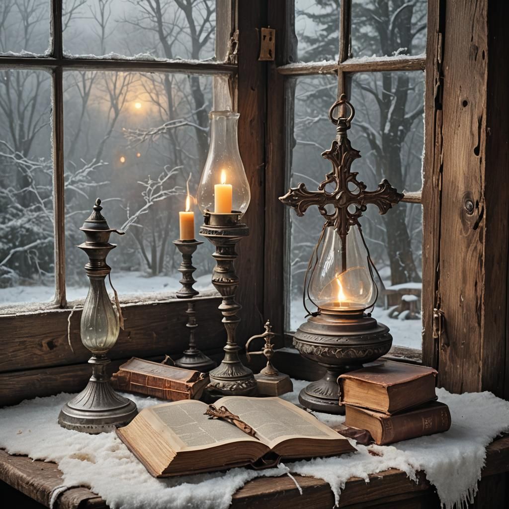 Antique Cross and Bible by Oil Lamp