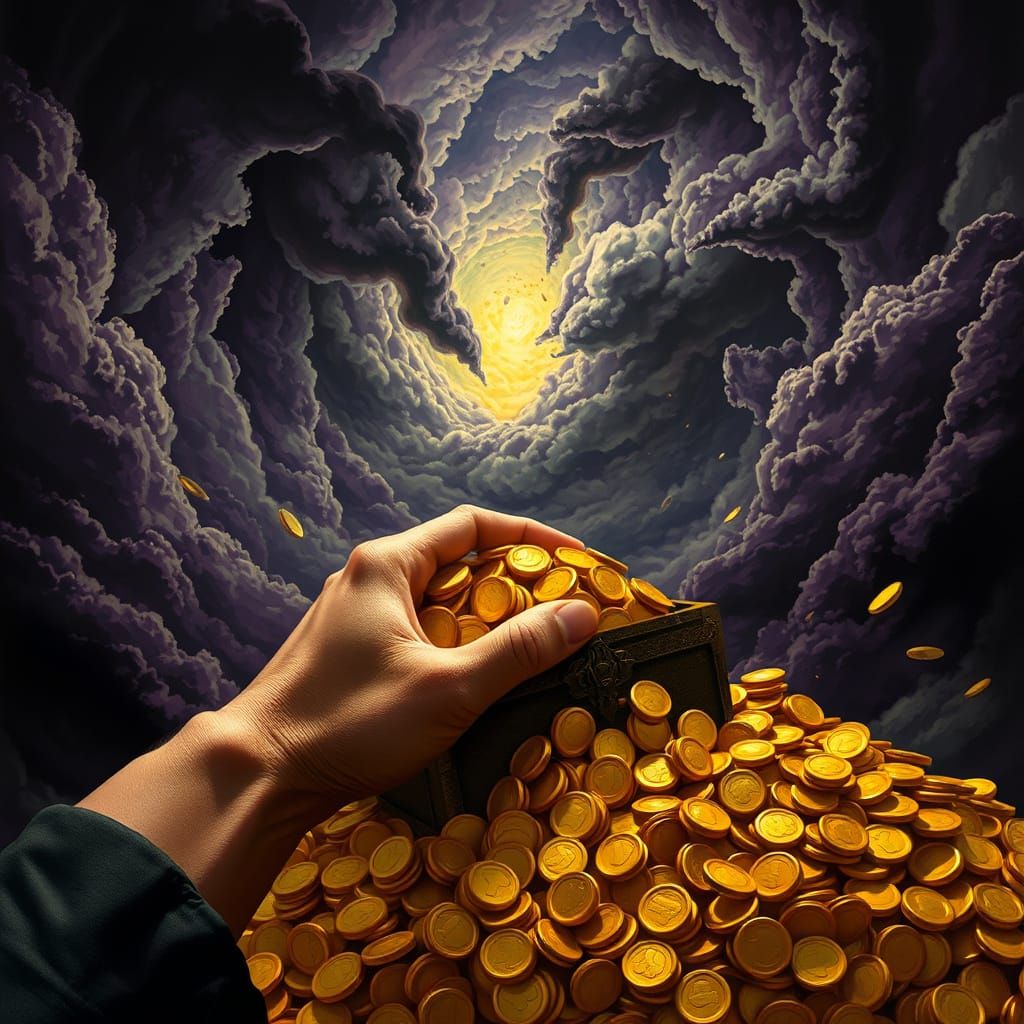 Hand Grasping Gold in Ominous Vortex