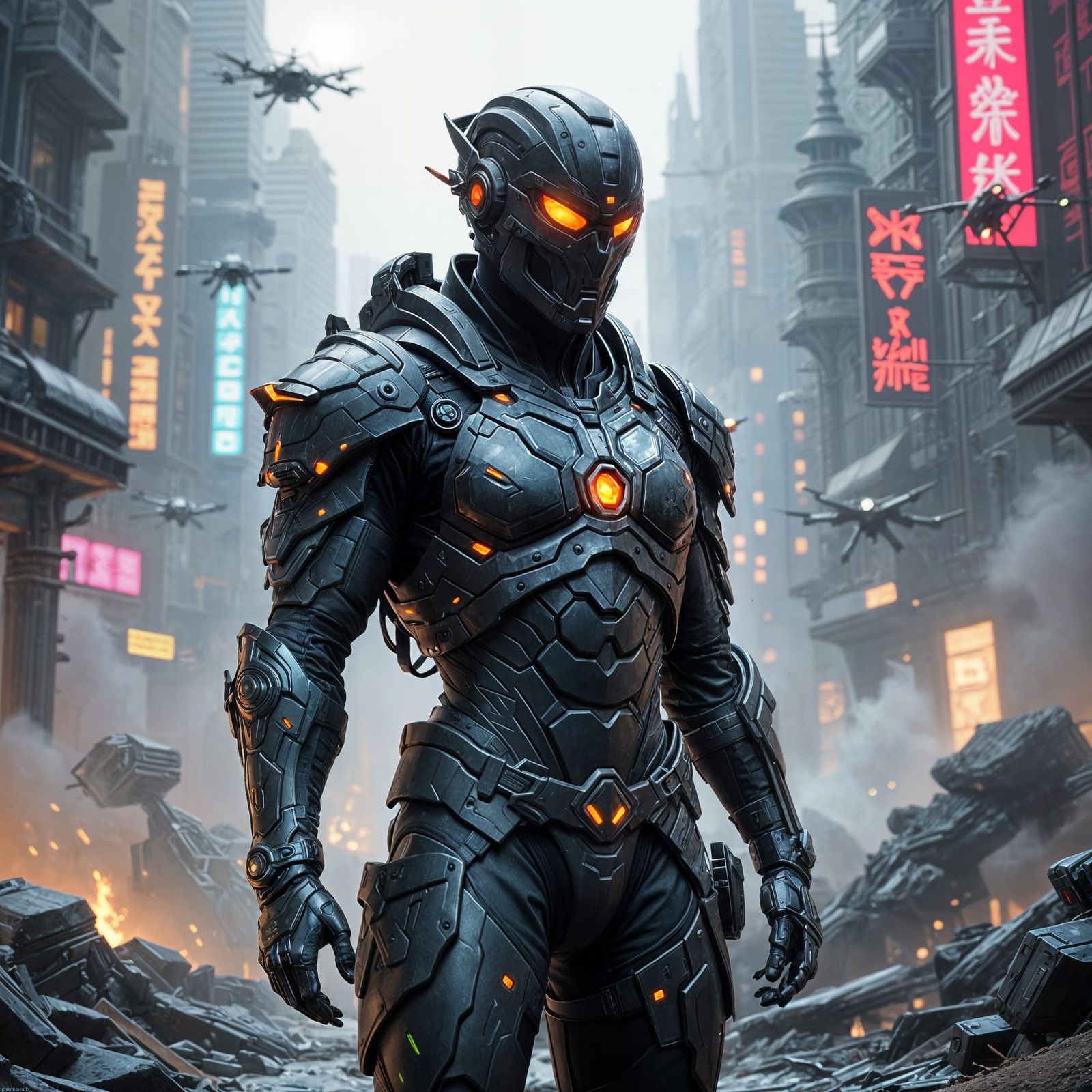 Futuristic Soldier in Cyberpunk Battlefield Concept Art