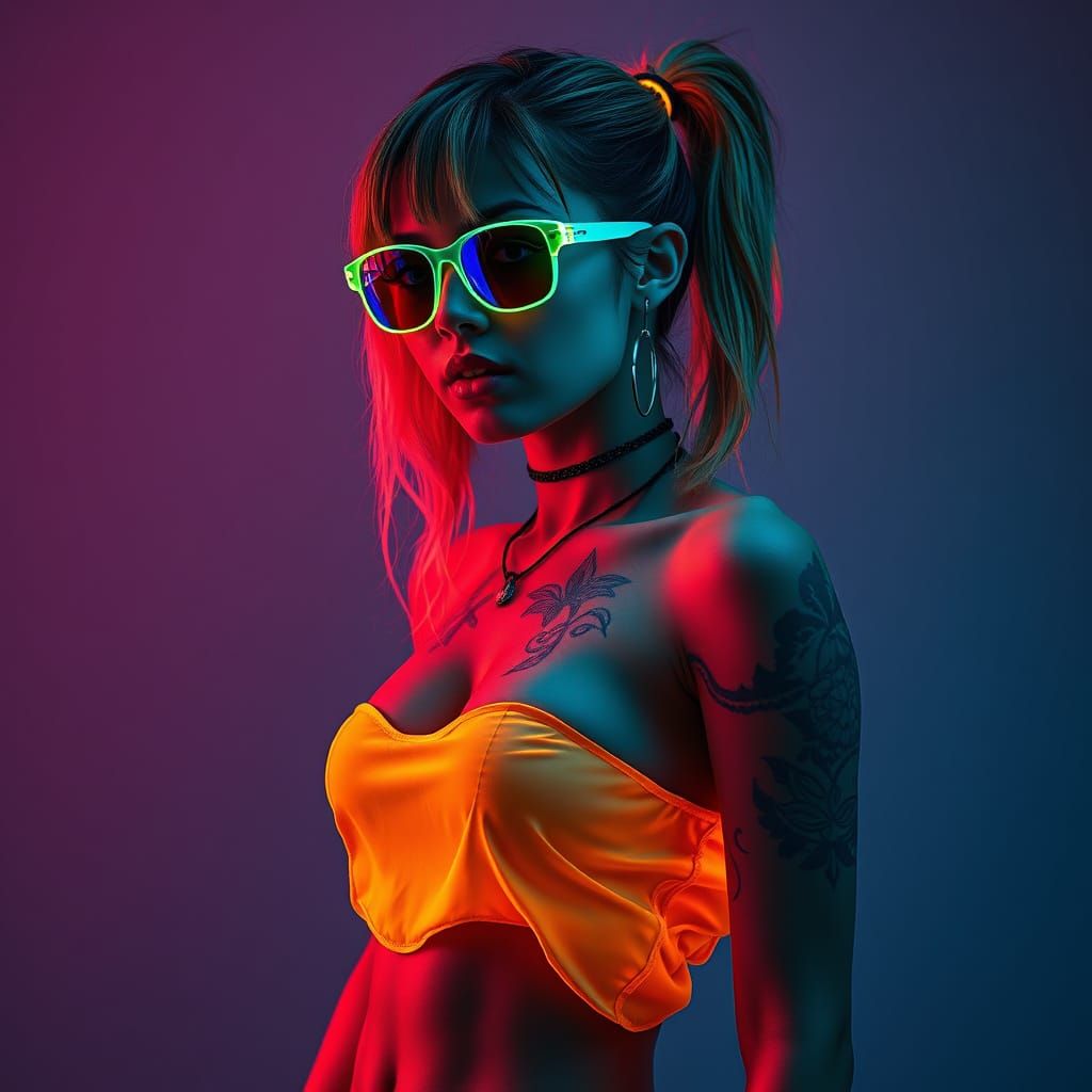 Arte ciberpunk, una chica cibernética luminosa y con tatuaje...