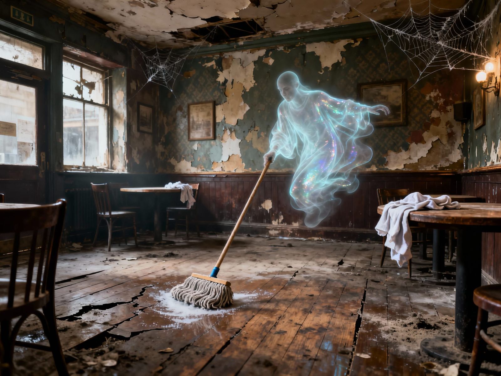 Ghostly Tavern Cleaning in Hyperrealistic Style