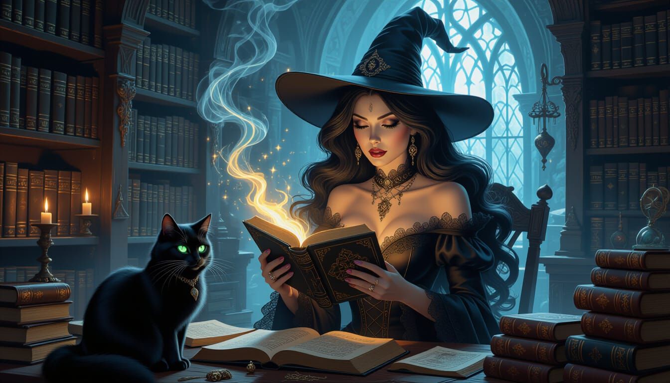 Mysterious Witch Casting Spells in Dimly Lit Magick Shop