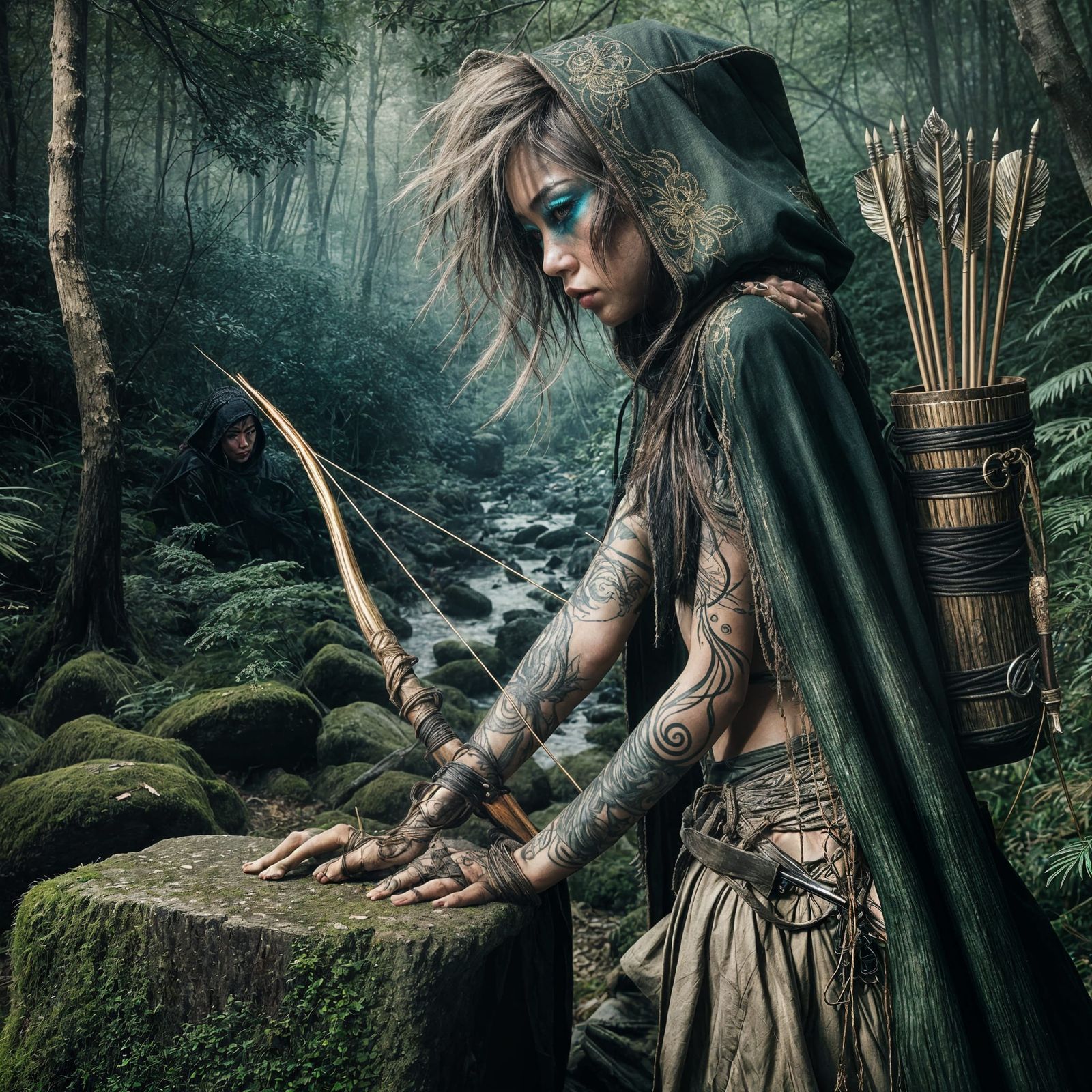 Elven Assassin in Twilight Forest, Art Nouveau Style