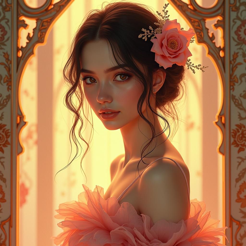 Elegant Woman in Pink Dress: Art Nouveau Portrait