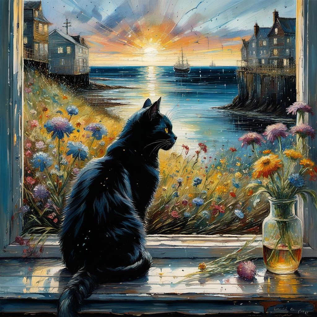 Black Cat Gazing at Rainy Beach: Impasto Oil Painting