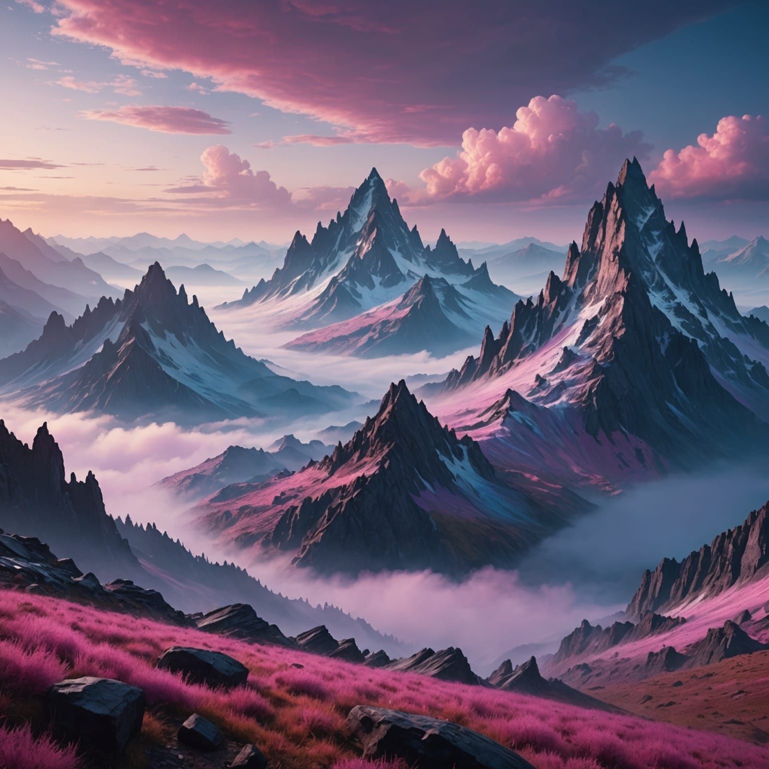 Ethereal Mountains with Pink and Blue Mist