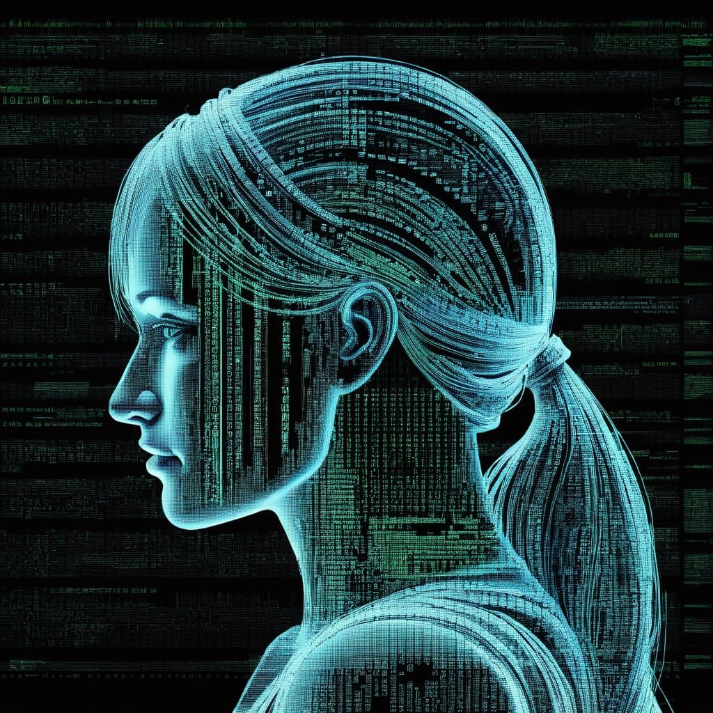 Girl's Profile in a Cyberpunk Binary Landscape