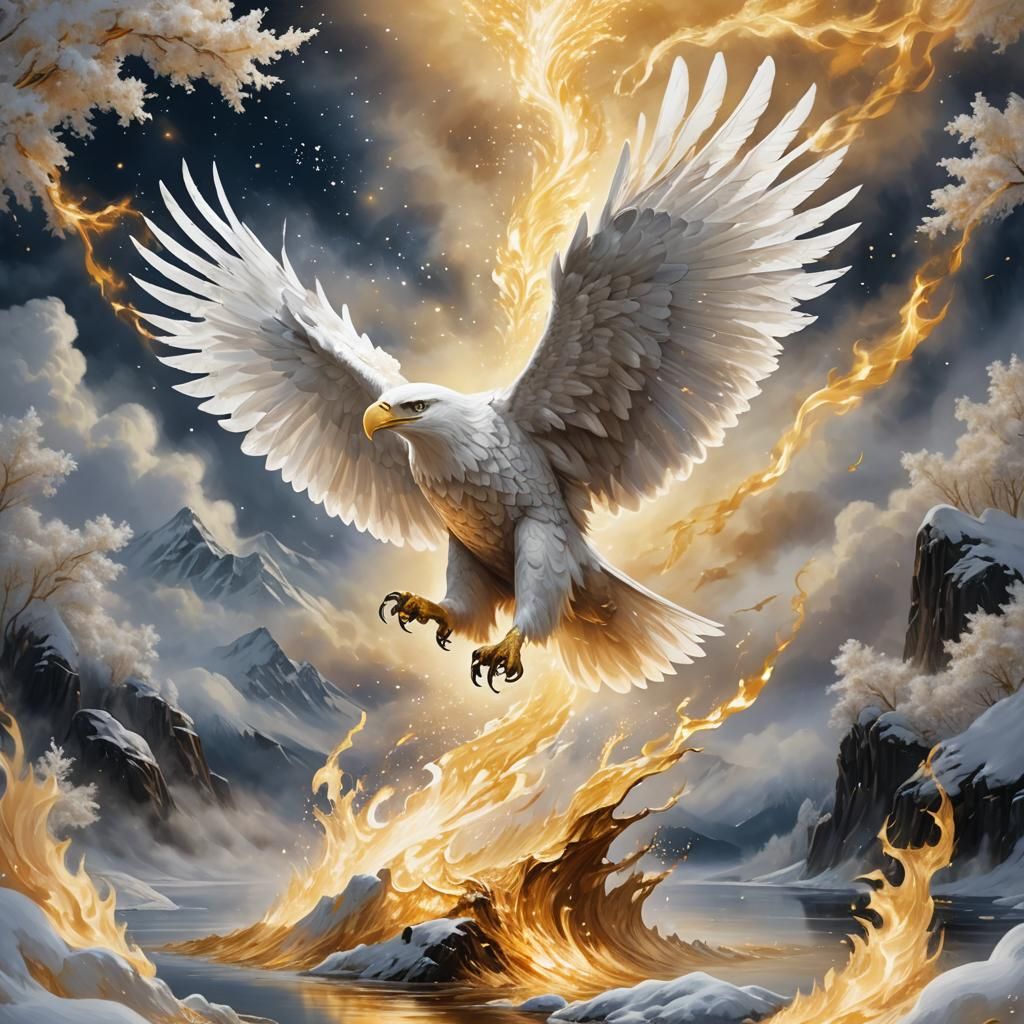 Create a fantasy artwork of a majestic white eagle rising fr...