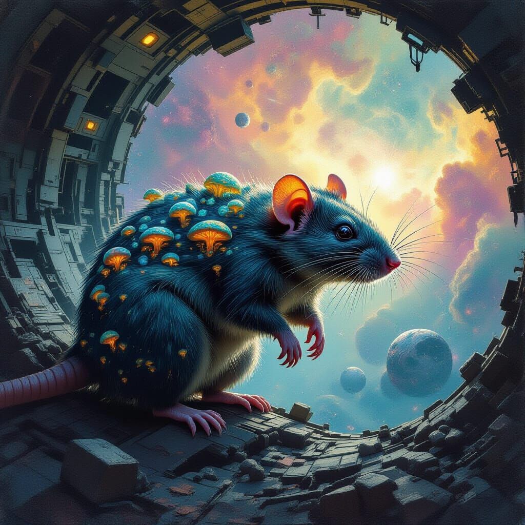 Giant Ancient Rat in Nebula Amidst Spaceship Wreckage