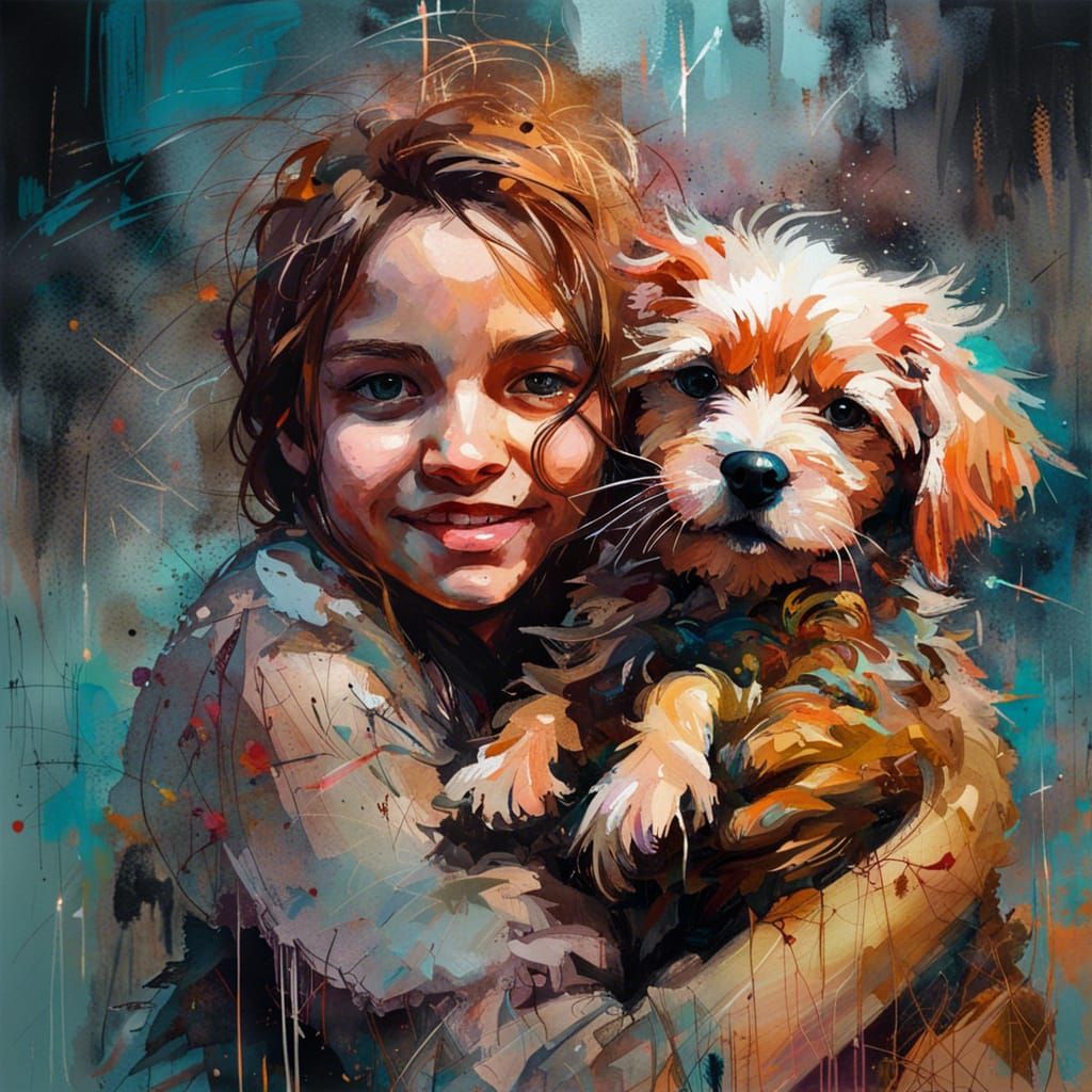 Happy Girl Hugging Puppy: Detailed Expressive Painting