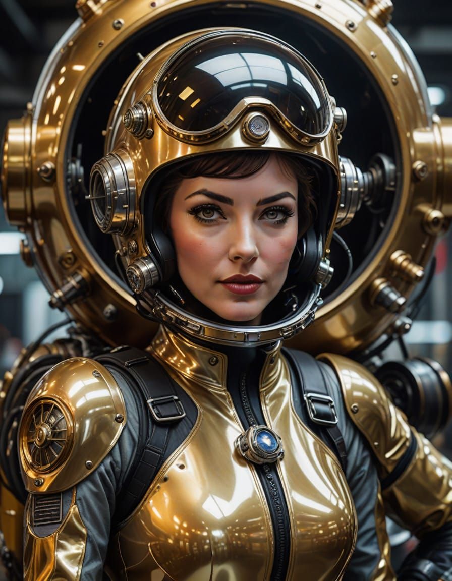 Retro-Futuristic Space Woman in Gullwing Rocket Ship