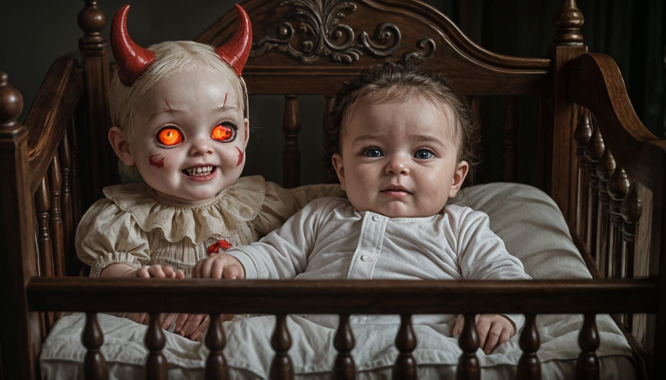Sinister Doll Guards Baby in Hyper-Detailed HD 8K