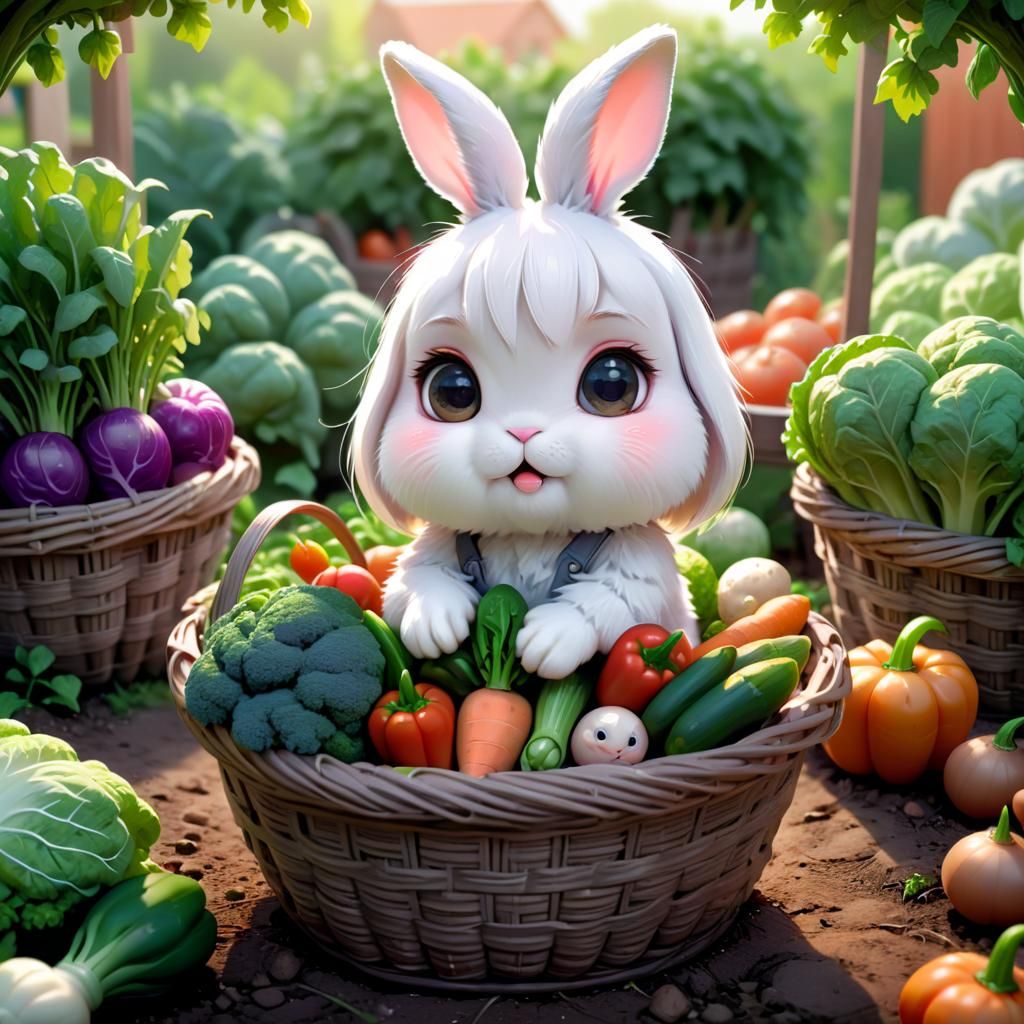 Adorable Chibi Rabbit in Vegetable Garden, 3D Render