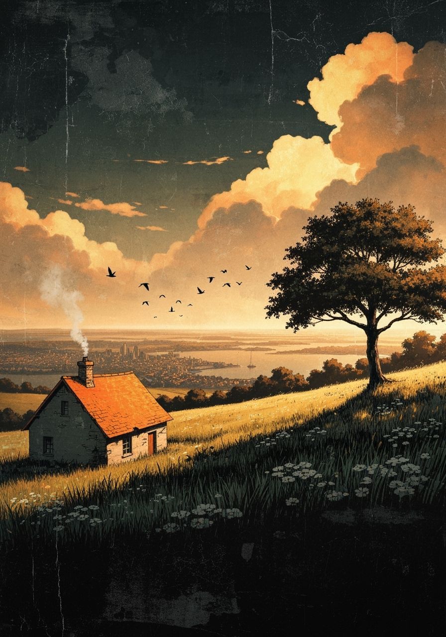 Gritty Comic Art Landscape with Cottage in Golden Light