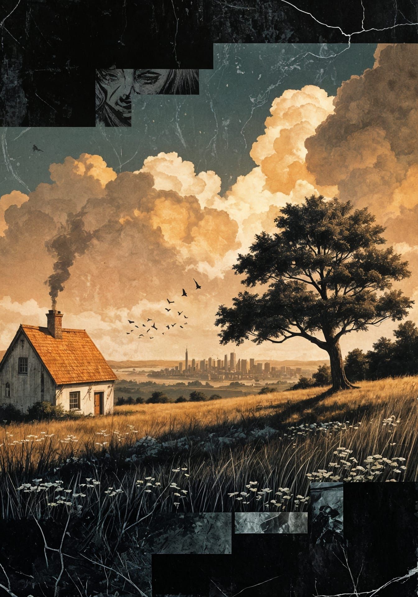 Gritty Comic Art: Cottage in Golden Hour Countryside