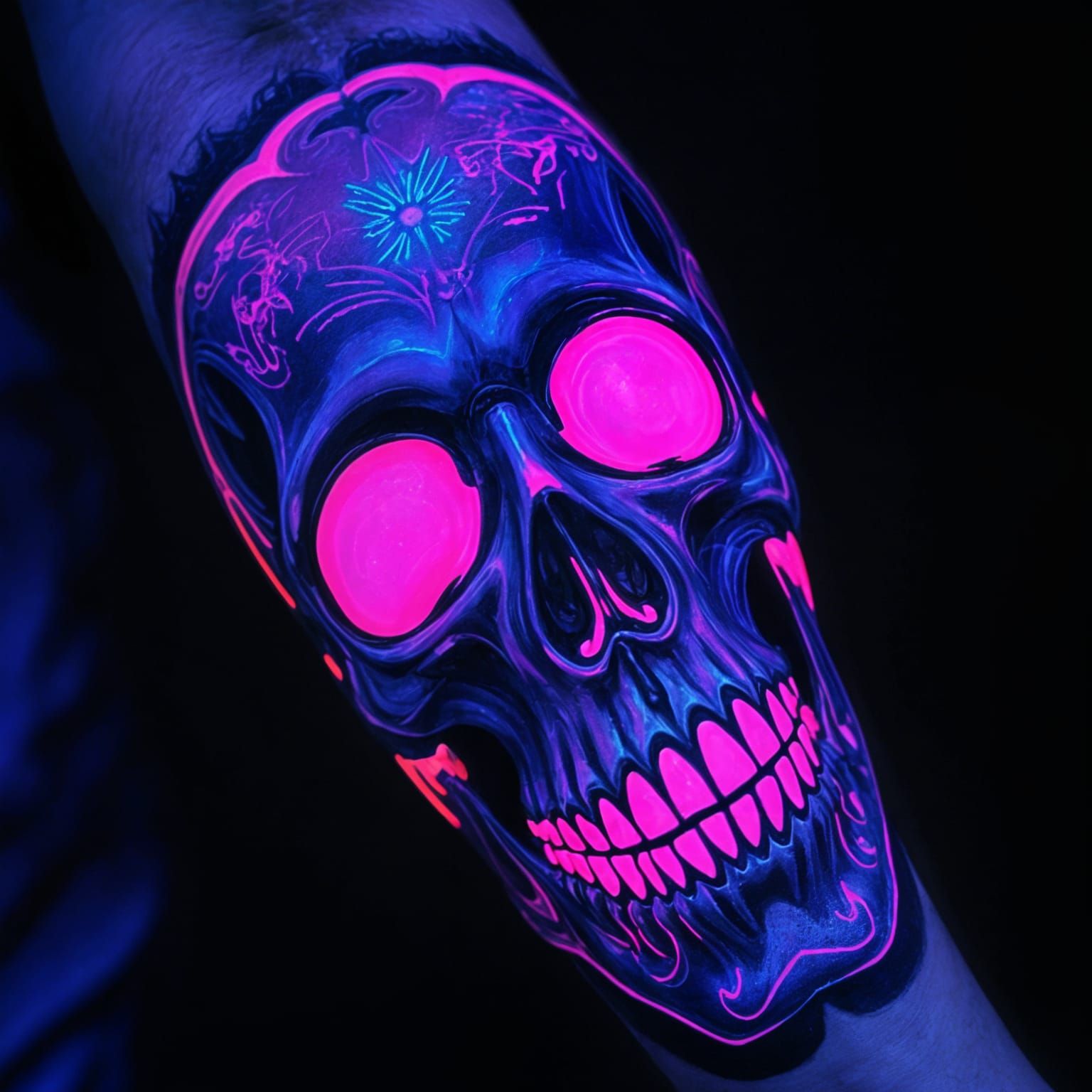 Neon Skull Tattoo Radiating Purple and Pink Light