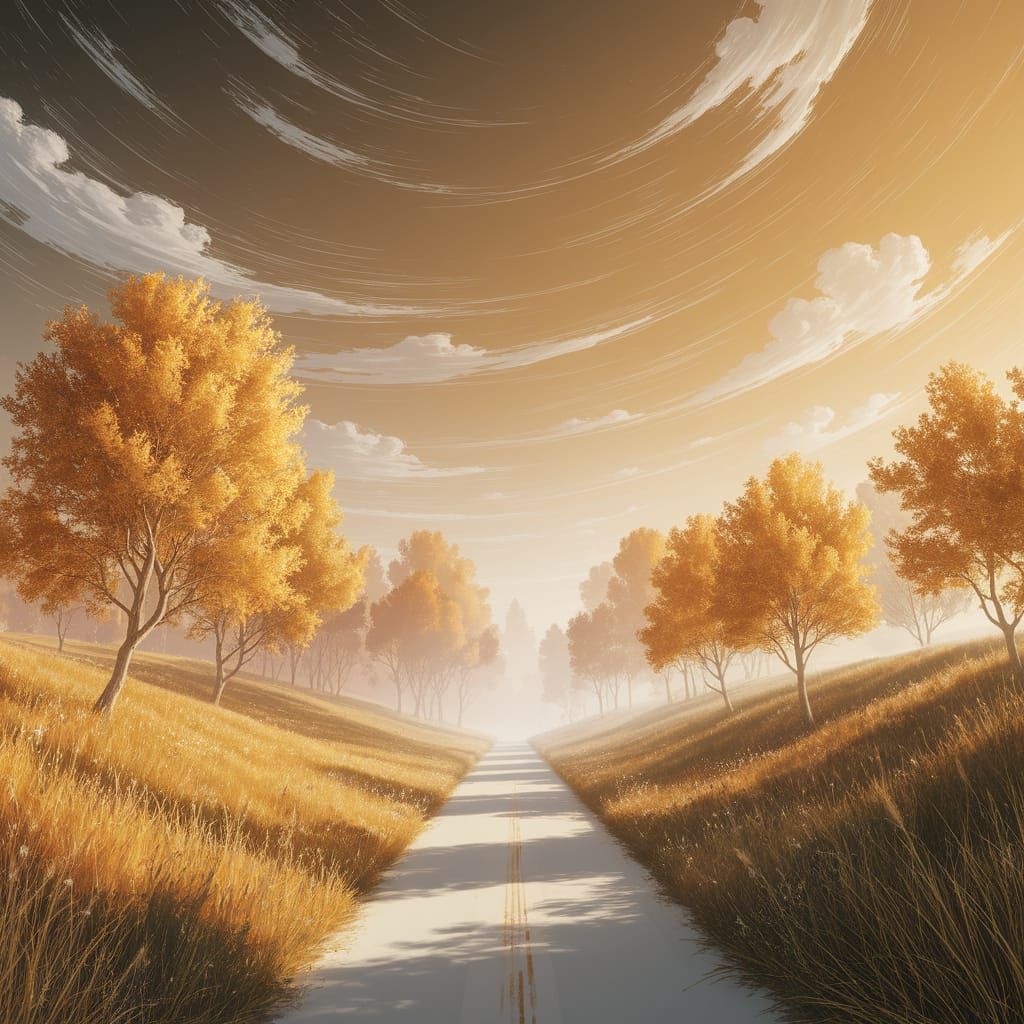 Golden Landscape with White Road, Ethereal Fantasy