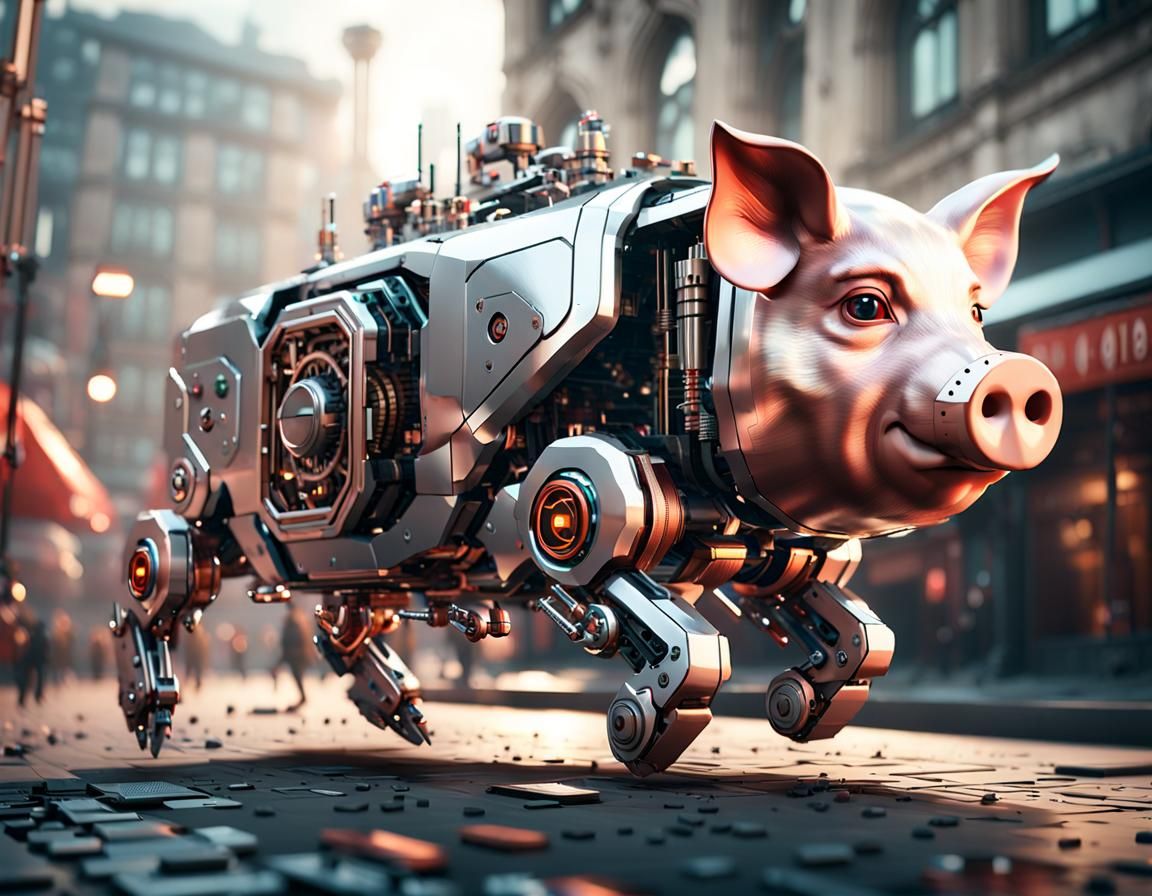 Robotic Pig Runs Through Futuristic City