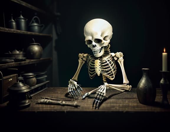 Furry Skeleton Cleans Bones in Dark Fantasy Workshop