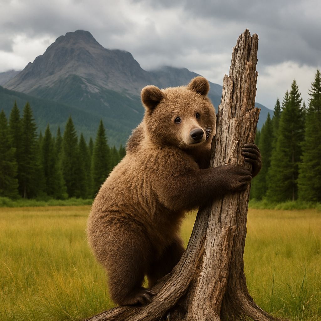Brown Bear Cub Hugging Tree Stump in Meadow