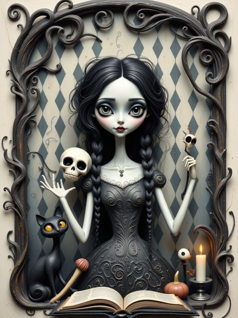 Wednesday Addams Illustration in Burton-esque Gothic Style