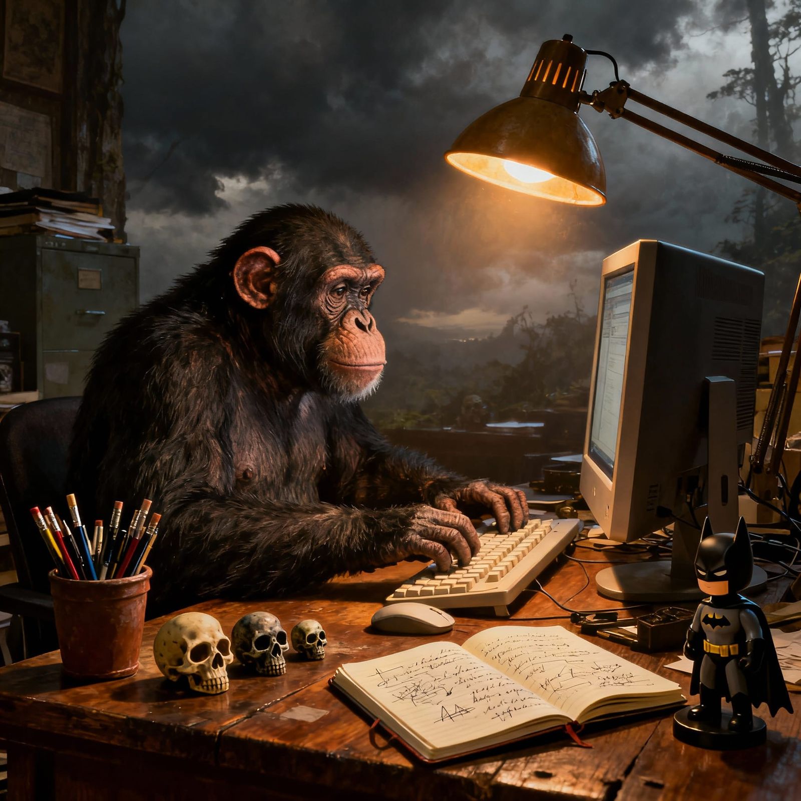 Chimpanzee Working at a Cluttered Desk