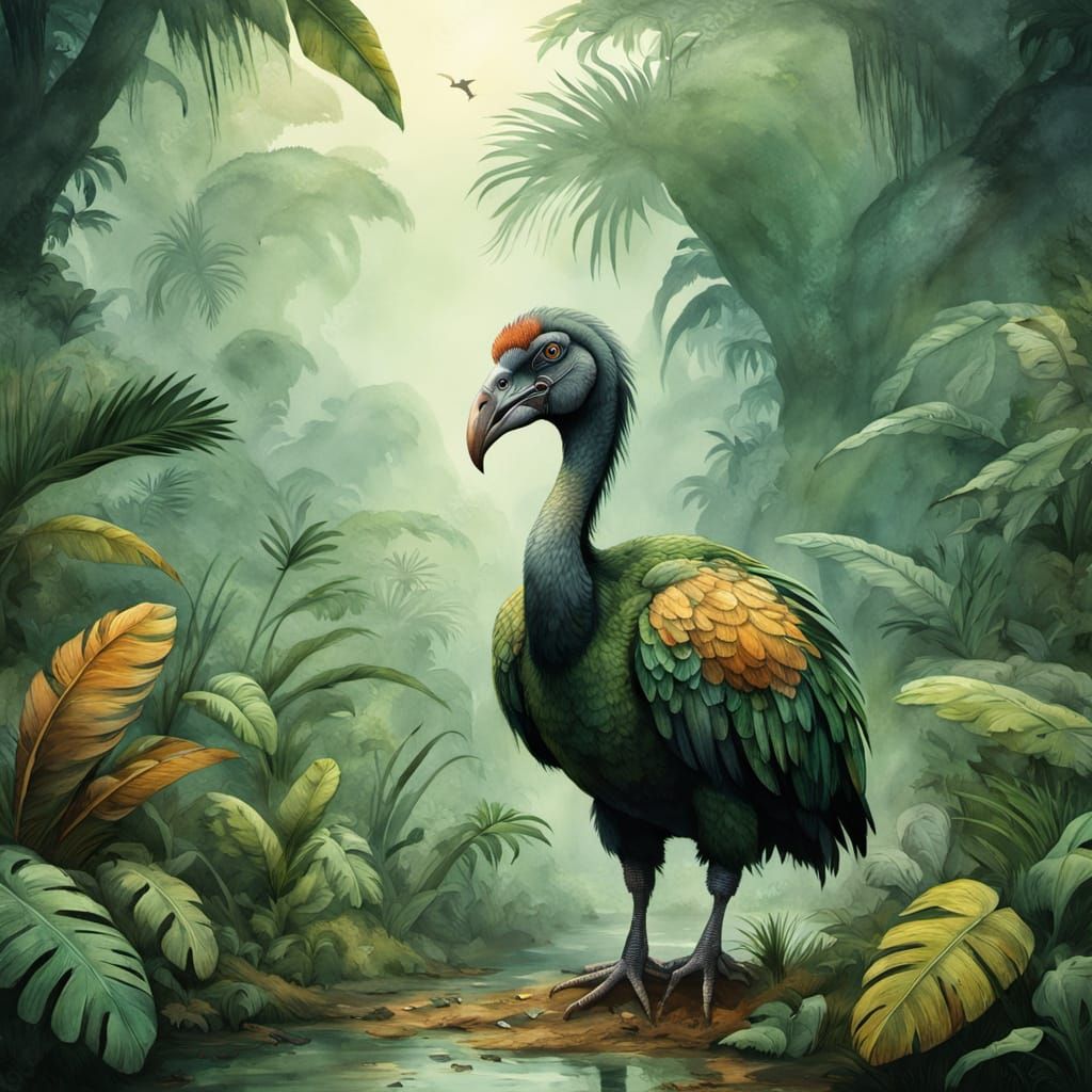 Dodo Birds in Jungle: Watercolor Paleoart Illustration