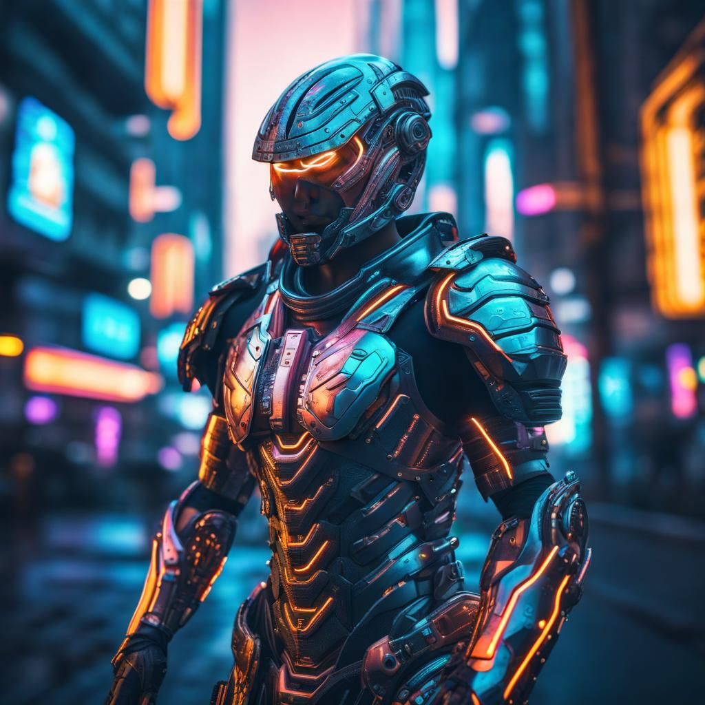 Armored Cyborg in Neon City: Hyperrealistic Rendering