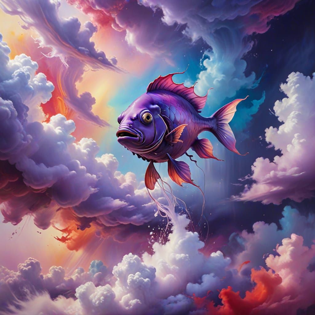 Surreal Impressionist Fish Swims Through Vibrant Clouds