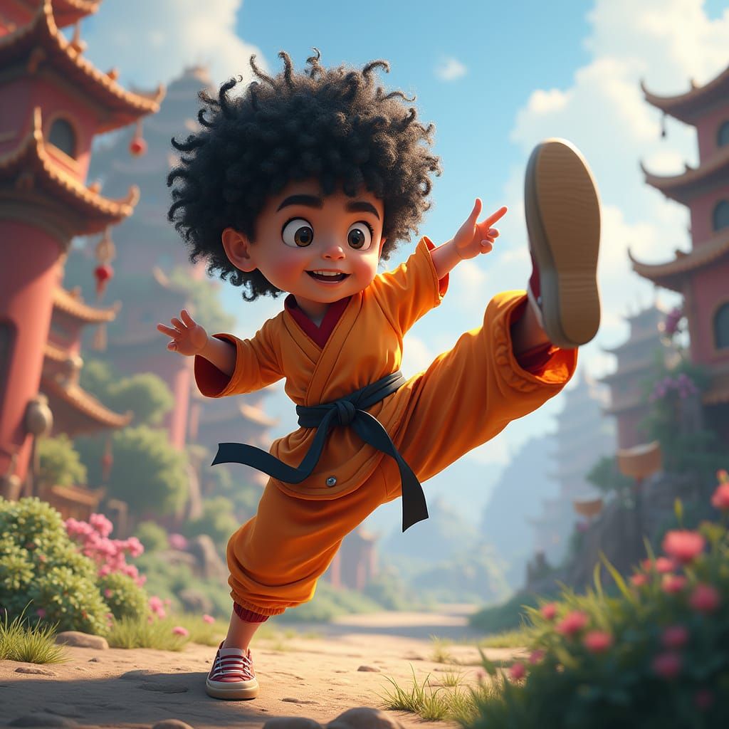 Boy in Martial Arts Uniform in Fantasy Landscape