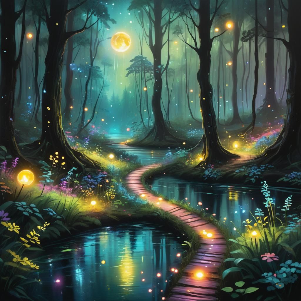 Mystical Forest Path with Bioluminescent Flora in Oil Paint