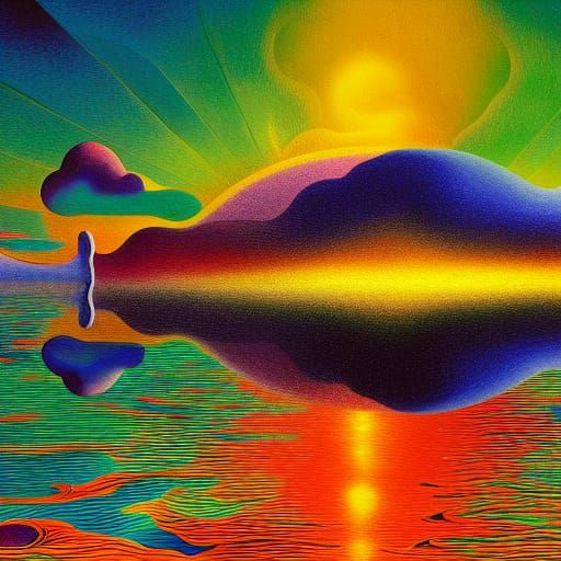 Surreal Sunface Over Water with Rainbow Reflection