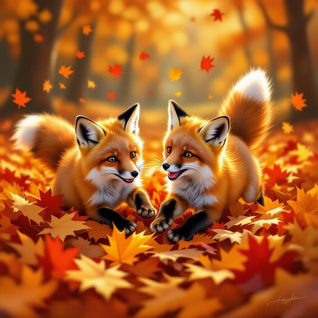 Playful Fox Kits in Autumn Leaves Digital Painting