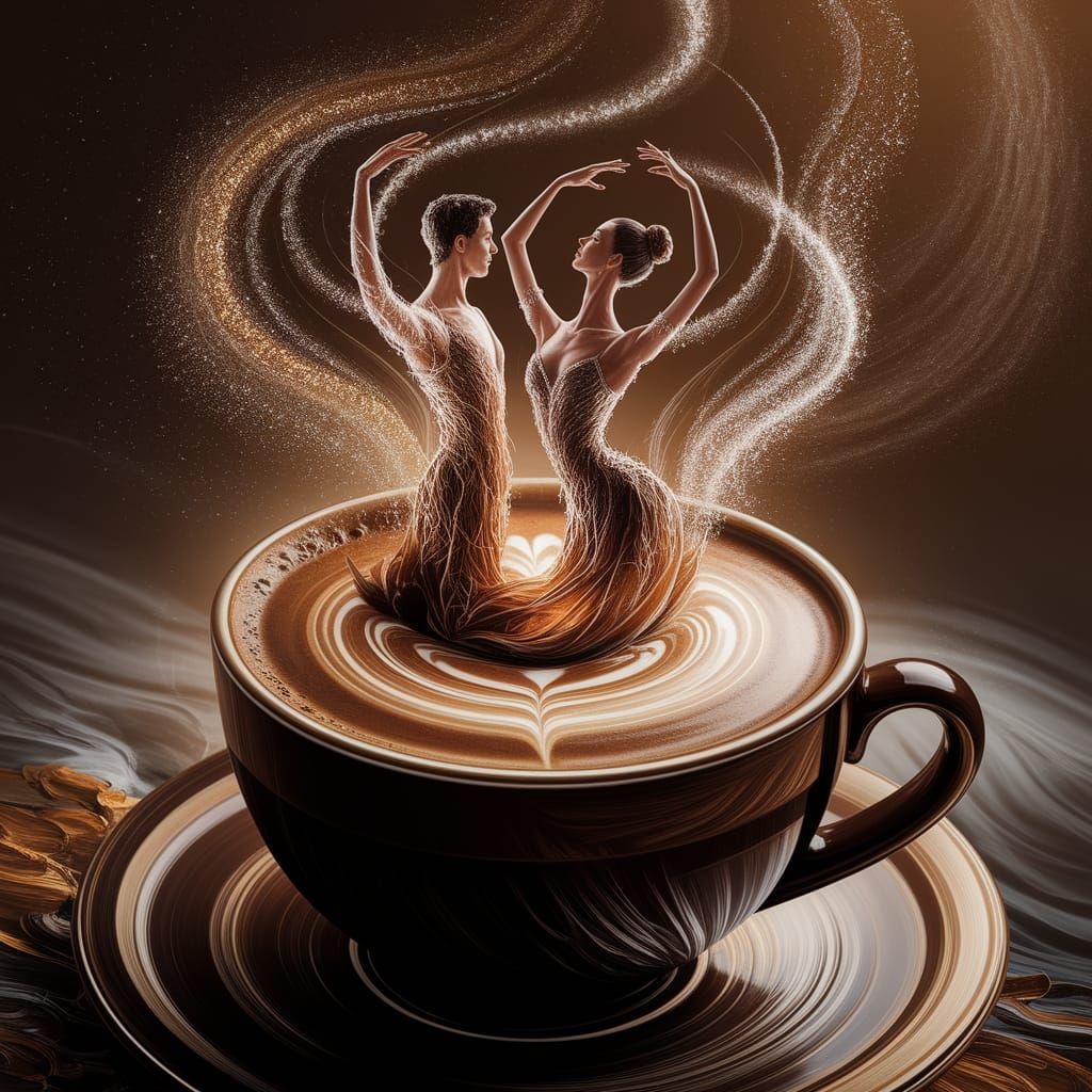 Surreal Coffee Cup Whispers Ethereal Ballet Dancers