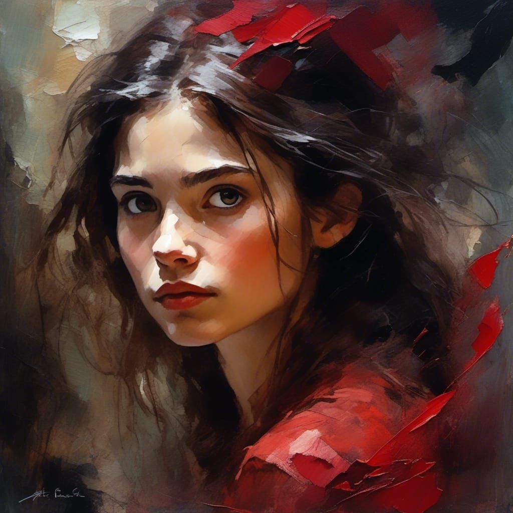 Impressionist Mail Art Portrait with Dark Red Brushstrokes