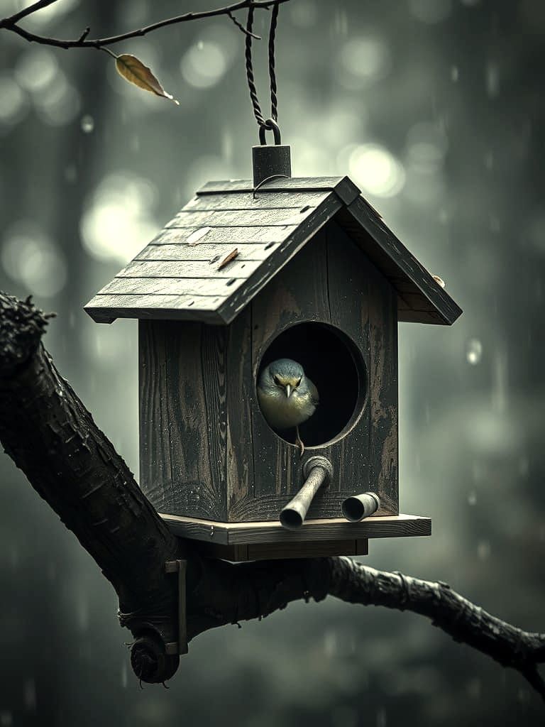 Birdhouse in Rain and Fog with Cinematic Lighting