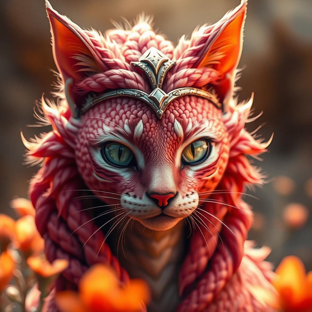 Dragon Cat Portrait with Pink Hair in Fantasy Style