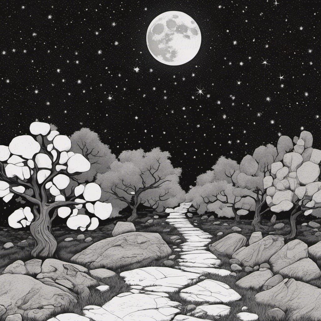 Detailed Fineliner Drawing of Stone Path Under Stars