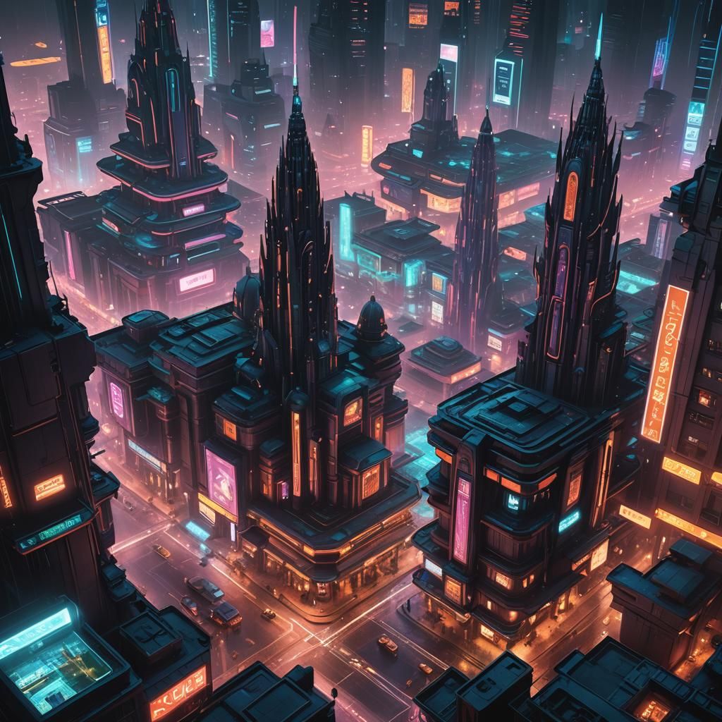 Cyberpunk Hindu Temple Cityscape in Sci-Fi Noir