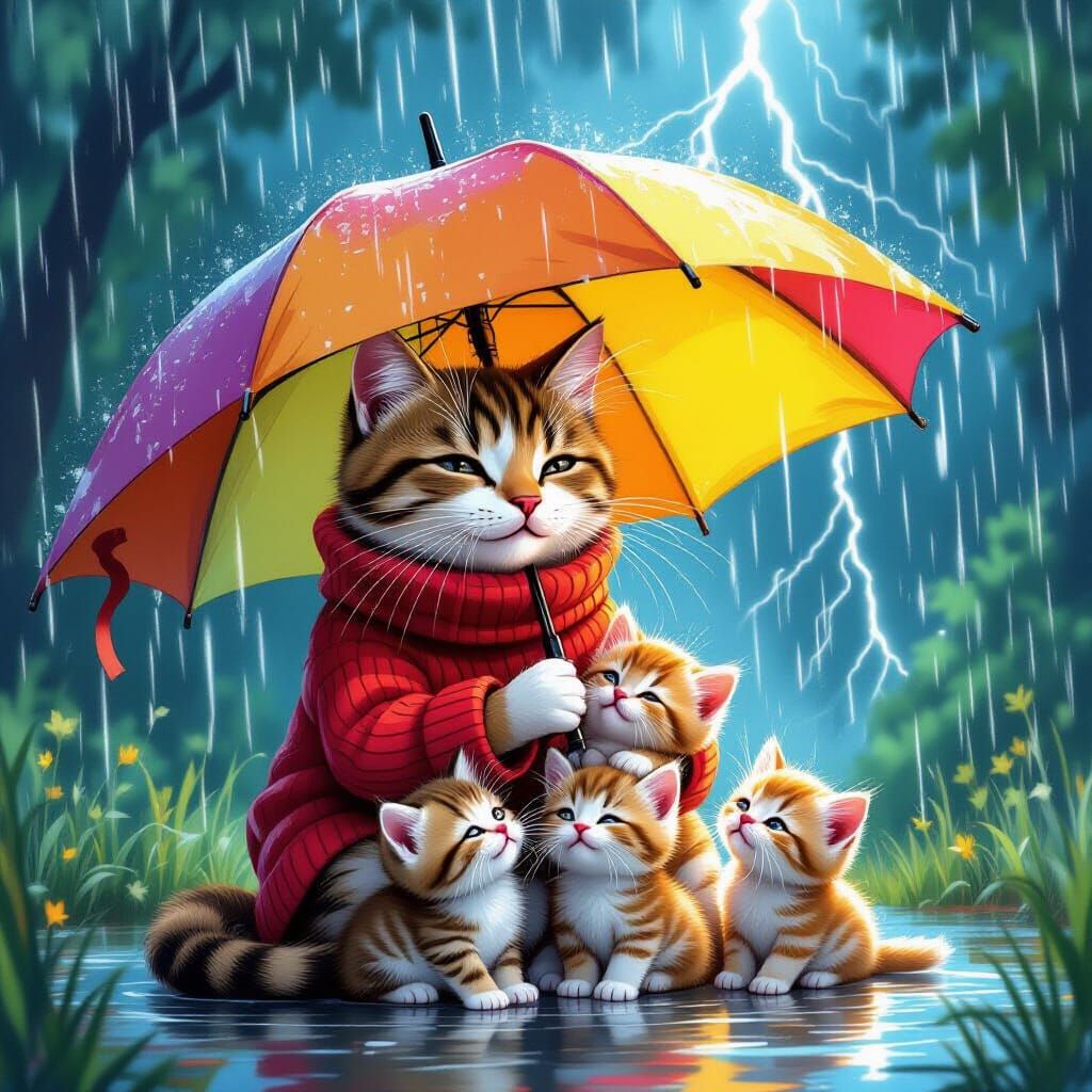 Cozy Kittens Protected from Summer Rain, Comic Book Art