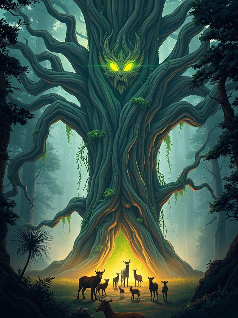 Celestial Tree Spirit Rises Amidst Mysterious Forest