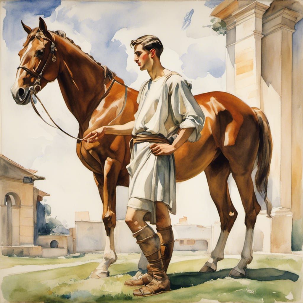 Man in Roman Tunic Offering Food to Horse